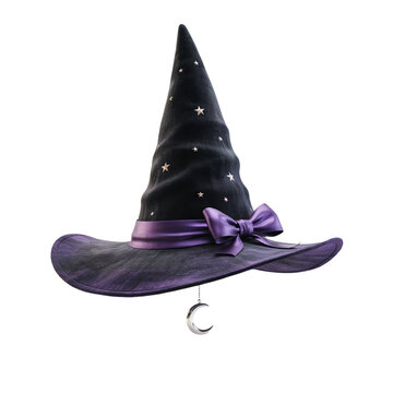 A spooky witch hat adorned with stars and a crescent moon charm.