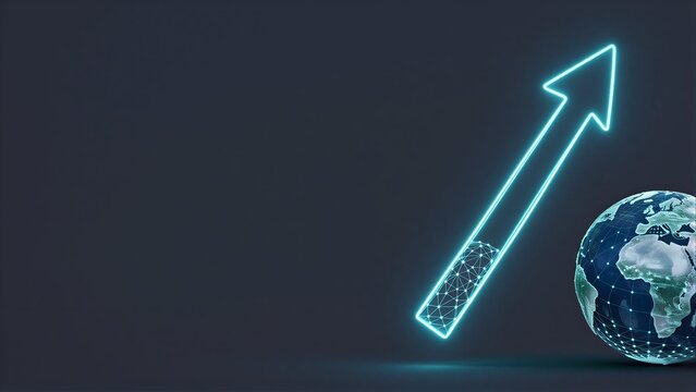 Glowing arrow points upward above a digital globe, symbolizing global growth and progress.