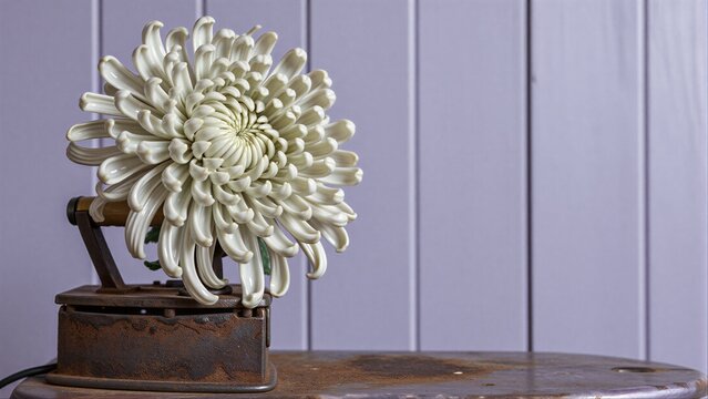 White chrysanthemum blooms atop vintage rusty iron, set against lavender paneled wall.