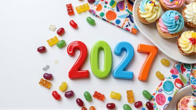 Colorful "2027" numbers surrounded by candies and cupcakes on a bright white surface.