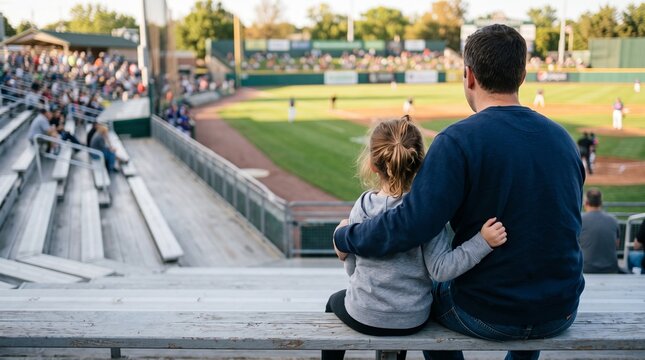 Father with his arm around his daughter watching a baseball game from wooden stadium bleachers
