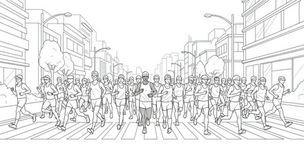 Obraz premium Line art illustration of a marathon race with many runners crossing a street in a city.