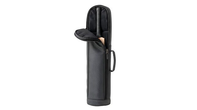 Black leather telescope carrying case set open on white background. Tripod pouch accessory storage bag for optical equipment. Material texture product photography isolated.
