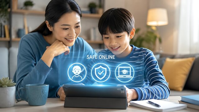 Mother and son using a tablet with digital icons for safe online learning and internet security