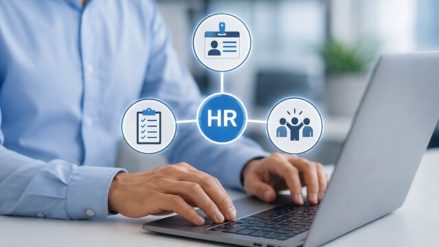Human resources professional working on laptop with hr management icons, concept of talent acquisition and employee management