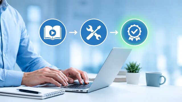 Business process workflow with icons for learning, implementation, and quality assurance on a laptop screen