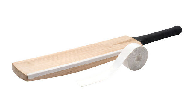 Cricket Bat with Black Handle Wrapped with White Grip Tape, Wooden Sports Equipment Detail on White Background for Sports Imagery and Equipment Design