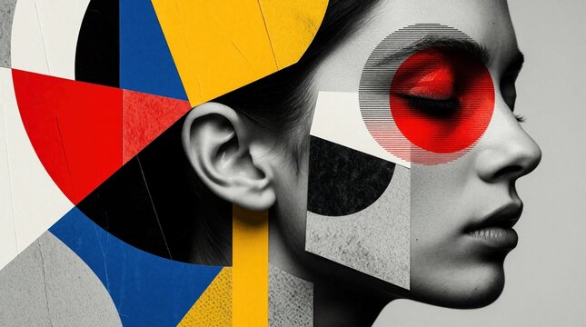 Abstract collage art fuses profile woman face ear earlobe with geometric shapes. Red eye shape and blue yellow blocks create modern graphic design.