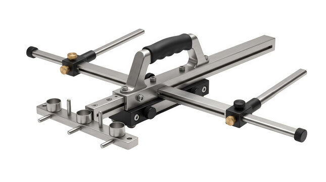 Precision woodworking router table insert plate. Metal guide bar system with cross bar fence. Aluminum jig for stationary tools and workbenches. Silver hardware.