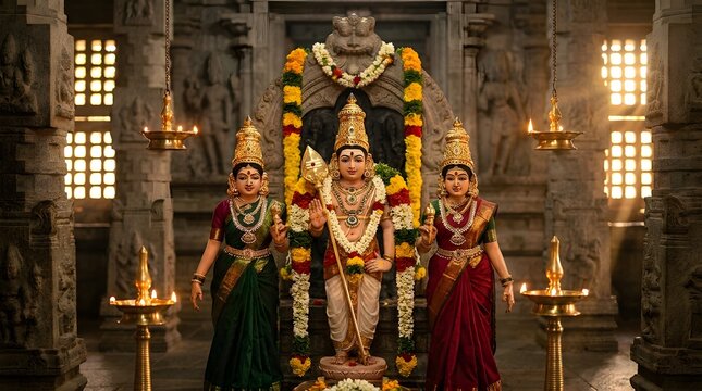 Idol of Lord Murugan with consorts Valli and Devasena in a Hindu temple shrine.