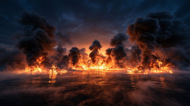Fiery Explosions and Heavy Smoke Plumes at Night