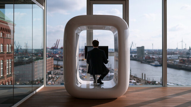 Businessman Working inside Modern Acoustic Office Pod with City View