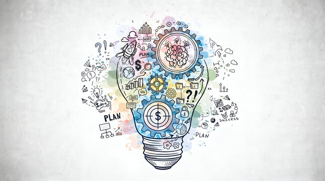 Creative startup business plan mind map doodle on concrete wall showing financial strategy and corporate innovation