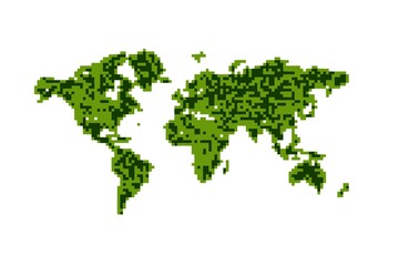 Abstracted and pixelated world map in green shades on white background, looks modern and aesthetic, suitable for game or modernized style geographic themes. © muhtadi
