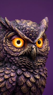 Close-up portrait of a stylized owl figurine with bright glowing orange eyes against a dark purple background figurine ornament wildlife