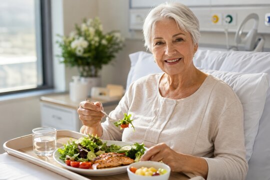  Smiling senior woman eating a healthy lunch from a tray in a hospital bed. Elderly healthcare, nursing home, and medical rehabilitation concept