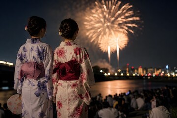 Obraz premium 浴衣で花火を見上げる女性