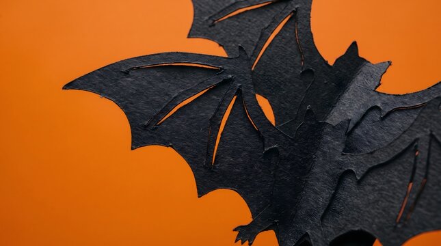 Black silhouette cutout bat decoration on orange background with halloween silhouette decoration background creature celebration