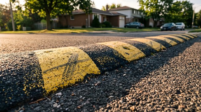 Yellow and black striped speed bump on residential asphalt road with suburban suburbia residential neighborhood transportation pavement