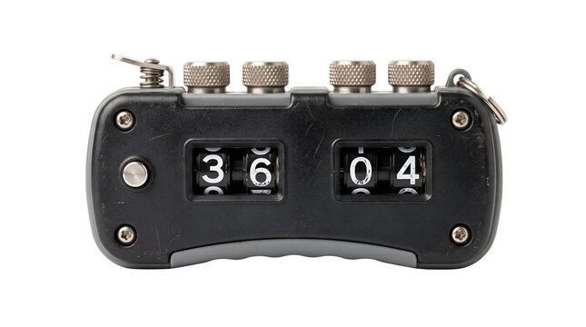 Vintage mechanical tally counter, handheld manual clicker with four digit display, black analog counting device on white background