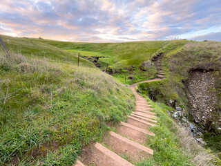 Obraz premium Winding wooden steps in a lush green valley on the Heysen Trail South Australia