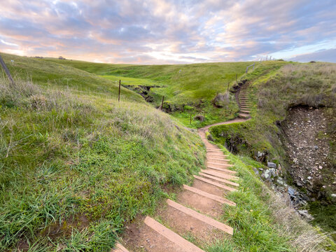 Winding wooden steps in a lush green valley on the Heysen Trail South Australia