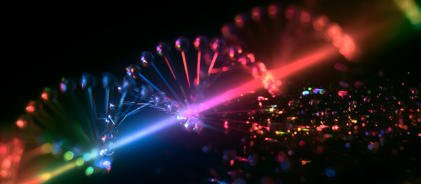 A vivid rainbow diode laser shines on nucleic acids, which are illuminated by glistening nanoparticles against a dark backdrop