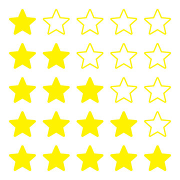 Set of star ratings for customer review from one star to five stars in gold vector icons