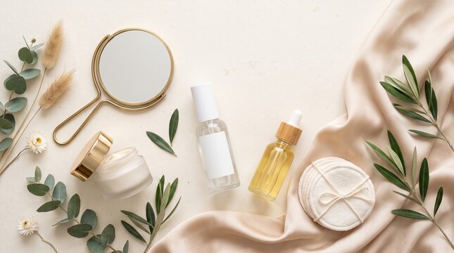 Ultra Realistic Luxury Skincare Flat Lay Collection Featuring Generic Beauty Products, Facial Care Essentials, Natural Botanicals and Premium Wellness Concepts for Commercial Advertising