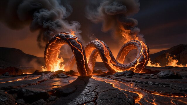 Volcanic dragon erupts fiery, glowing coils amidst smoke and molten rock.
