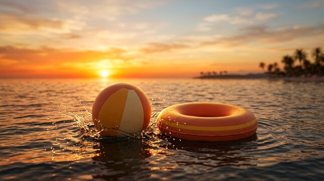 Pool floats and ball bobbing in the ocean at sunset.