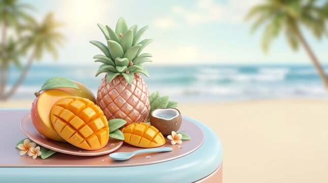 Vibrant arrangement of tropical fruits set against a sunny beach backdrop.