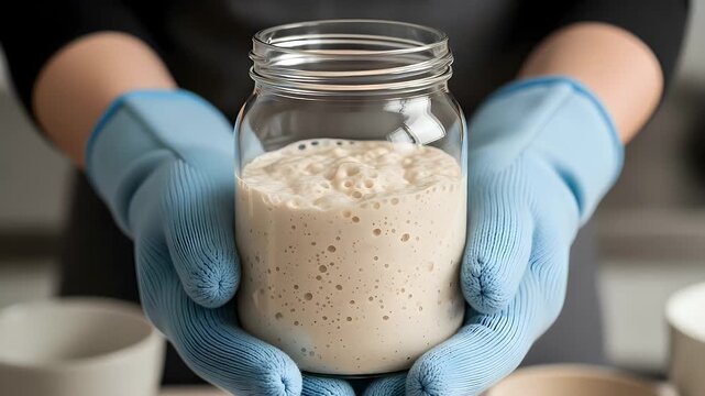 Hands in blue gloves carefully hold a bubbling jar of sourdough starter, demonstrating the active fermentation process for baking.