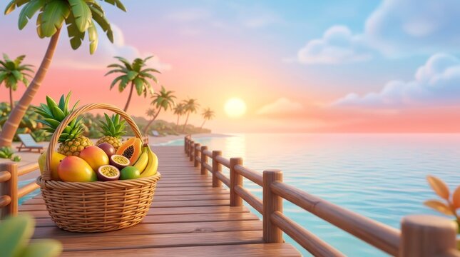 A bright tropical morning walk with fresh fruit and ocean views.