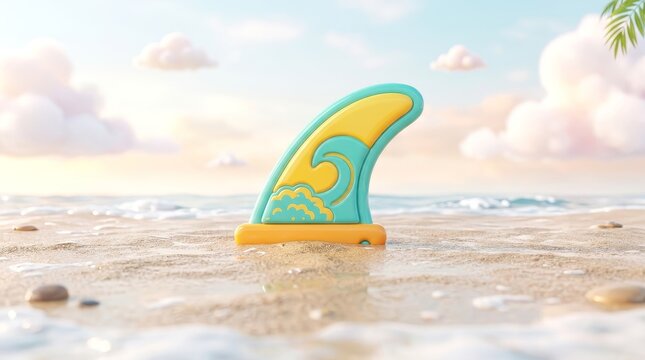 A cute, colorful wave board rests on the sandy beach under a blue sky.