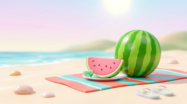 A refreshing scene of watermelon on a sandy beach