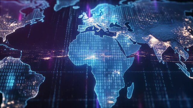 Abstract world map with glowing neon light effects transitioning over time
