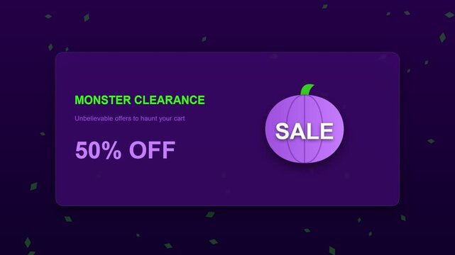 Monster clearance sale banner with purple pumpkin icon and fifty percent discount offer animation