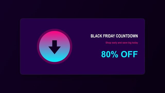 Black friday countdown banner featuring a neon gradient circle with an arrow and eighty percent off