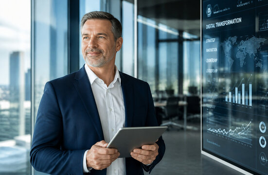 Confident mature businessman holding digital tablet and looking away near interactive data glass wall in modern corporate high rise office, representing executive leadership, digital transformation,