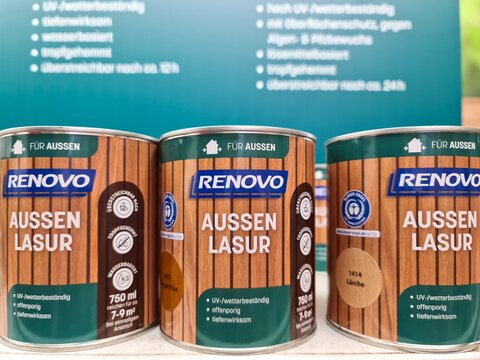 Kiel, Germany - 27. July 2026: Renovo Aussen Lasur wood glaze cans displayed