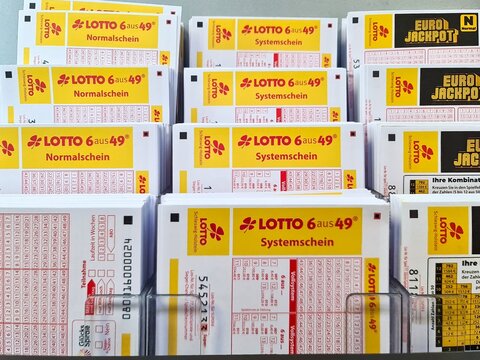 Kiel, Germany - 27. July 2026: German Lotto 6 aus 49 tickets in a display