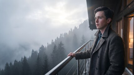 Fototapeta premium Thoughtful caucasian man standing on outdoor balcony. Serious male watching misty pine forest mountain view, for quiet getaway.