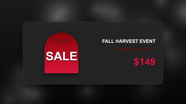 Fall harvest event sale banner with a red tombstone icon and changing digital price counter