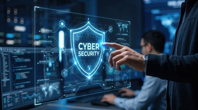 Professional interacting with a holographic display showing a cyber security shield, emphasizing advanced digital data protection and network defense in a high-tech office