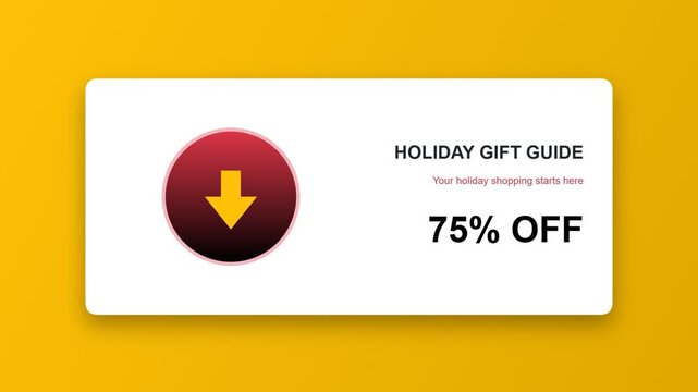 Holiday gift guide banner with seventy five percent off discount and red download arrow icon