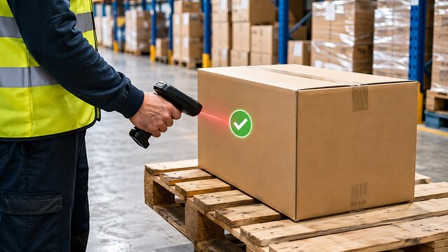 Warehouse worker using a handheld barcode scanner to scan a cardboard box on a wooden pallet in a distribution center