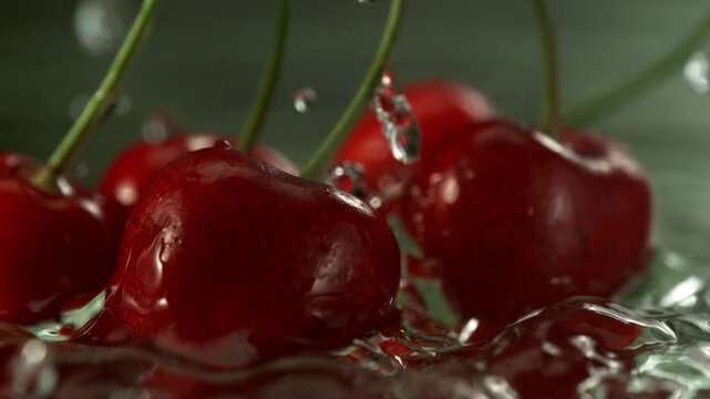 Super Slow Motion Shot of Fresh Cherries Falling into Water and Making Splash at 1000fps.