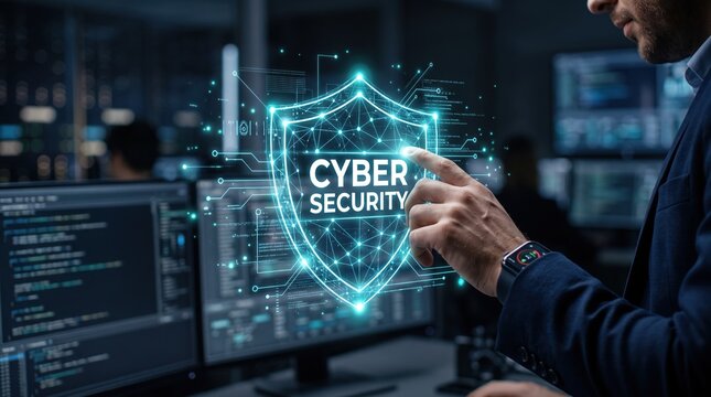 Professional Actively Engaging with Holographic Cyber Security Shield for Robust Digital Data Protection and Network Defense in a Modern Technological Operations Center