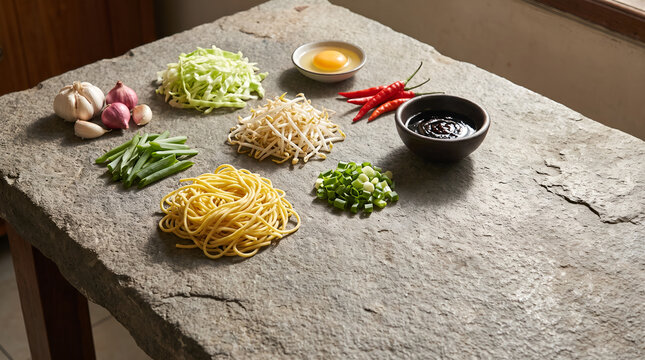 Fresh ingredients arranged for an authentic mie goreng recipe, featuring noodles, vegetables, aromatics, egg, and sweet soy sauce. Ideal for cookbooks, recipes, food blogs, and culinary education.